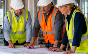 GCM Construction team members reviewing architectural blueprints together on a construction sit