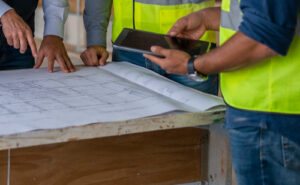 GCM Construction team members reviewing architectural blueprints together on a construction site.