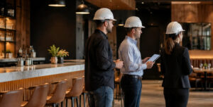 GCM Construction team in a professional meeting, reviewing architectural blueprints on a construction site.